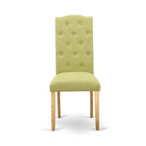 East West Furniture CEP4T07 Celina Parson Dining Room Chairs - Button Tufted Limelight Linen Fabric Upholstered Chairs, Set of 2, Oak East West Furniture