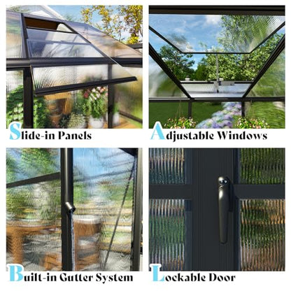 AMERLIFE 8x12x7FT Polycarbonate Greenhouse, Walk in Greenhouse with Quick-Connect System, Green House with 4 Vent Windows and Swing Lockable Door, Greenhouses for Outdoors, Sunroom Black