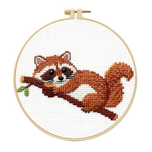 Zhenqing Raccoon Cross Stitch Kit for Beginners, 11CT Printed 20x20cm with 16cm Hoop, Cute Animal on Branch Embroidery Set (70740)