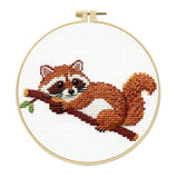 Zhenqing Raccoon Cross Stitch Kit for Beginners, 11CT Printed 20x20cm with 16cm Hoop, Cute Animal on Branch Embroidery Set (70740)