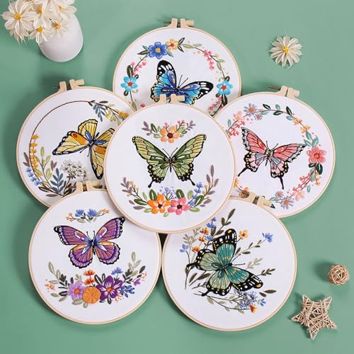 GLTAYLMY Butterfly Embroidery Kit for Beginners Adults, 3 Sets Hand Embroidery Starter Kit with Flower Pattern and Instructions Stamped Cross Stitch Kits Include Embroidery Hoop Needles Threads