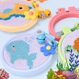 Caydo 6 Pieces Sea Animal Cross Stitch Kit for Kids with Stamped Aida Cloth, Embroidery Hoops, Keychains, Embroidery Tools and Instructions for Beginners DIY Craft Ornament
