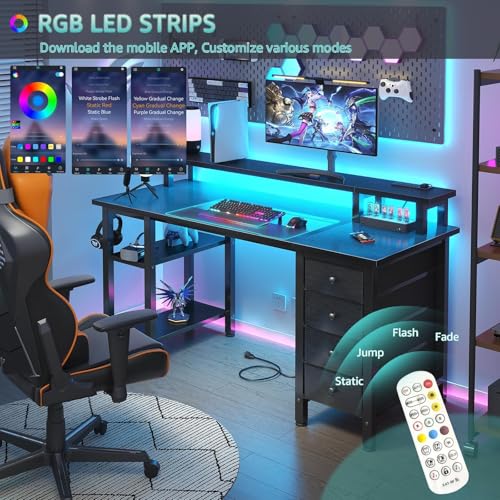 Lufeiya Black Gaming Desk with LED Lights and Power Outlets, 47 inch Computer Desk with Fabric Drawers and Storage Shelves, Home Office Desk with Monitor Stand, Black Lufeiya