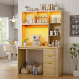FREDEES LED Study Desk with Hutch, Home Office Desk with Charging Station & Storage Drawer, 70'H Writing Table with Glass Display Cabinet, 3 Color Light Computer Desks for Study, Wood FREDEES