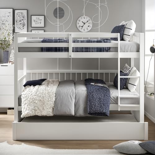 PVWIIK Full Over Full Bunk Bed with Trundle and Ladder for Kids Bedroom,Wood Bed Frame with Safety Rails,Convertible to 2 Bed,No Box Spring Needed,White PVWIIK
