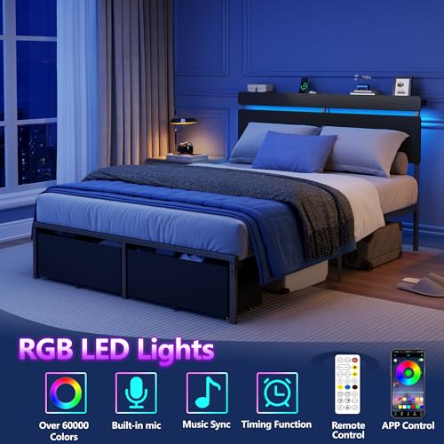 Forestell Full Size Bed Frame with Wood Headboard, Black Platform Bed with 2 Storage Drawers & Shelf, Built in Charging Station & LED Lights, Metal Support, No Box Spring Needed, Camas Full Forestell