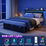 Forestell Full Size Bed Frame with Wood Headboard, Black Platform Bed with 2 Storage Drawers & Shelf, Built in Charging Station & LED Lights, Metal Support, No Box Spring Needed, Camas Full Forestell