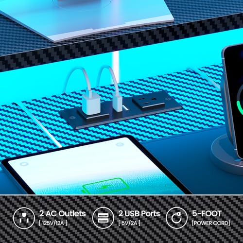 Itaar 79" Gaming Desk with 2 Fabric Drawers, Long Computer Desk with Power Strip & LED Lights, U Shaped Desks with Storage and Cup Holder, Large Gaming Table for Bedroom, Carbon Fiber Black Itaar
