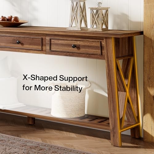 Tribesigns Console Table with 3 Storage Drawers, 70.87 Inches Extra Long Sofa Table Behind Couch with Bottom Shelf, Farmhouse Wooden Entryway Hallway Foyer Table for Living Room, Entrance (Walnut) Tribesigns