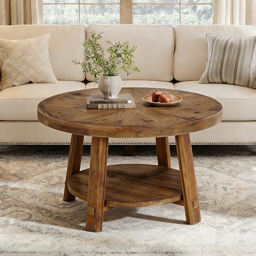 LITTLE TREE Solid Wood Coffee Table with Storage, 2-Tier Farmhouse Round Coffee Table for Living Room, Easy Assembly (Rustic Wood Color) LITTLE TREE