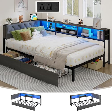 Corner Bed Frame Twin Size with Storage Bookcase and Headboard, Platform Corner Bed with LED Lights and Charging Station, Twin Size Daybed with Storage Drawers for Kids Teens Guests, Dark Gray Doltoro