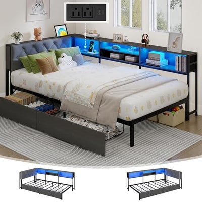 Corner Bed Frame Twin Size with Storage Bookcase and Headboard, Platform Corner Bed with LED Lights and Charging Station, Twin Size Daybed with Storage Drawers for Kids Teens Guests, Dark Gray
