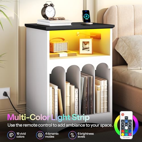 HOOBRO Farmhouse Record Stand with Charging Station and LED Lights, Compact Vinyl Storage Cabinet Holds Up to 230 Albums, Turntable Holder for Living Room, Bedroom, Black and White WB40UDRS01 HOOBRO