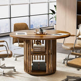 Tribesigns 47-Inch Round Conference Table for 4, Wooden Small Meeting Room Table with Storage Shelf and Solid Wood Base for Office, Conference Room, Brown Tribesigns