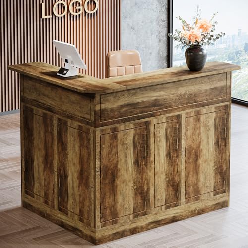 Tribesigns Reception Desk with Storage Shelves, L-Shaped Modern Front Desk, Reception Counter Table for Small Office, Salon, Checkout Office (Brown) Tribesigns