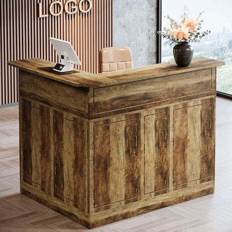 Tribesigns Reception Desk with Storage Shelves, L-Shaped Modern Front Desk, Reception Counter Table for Small Office, Salon, Checkout Office (Brown) Tribesigns