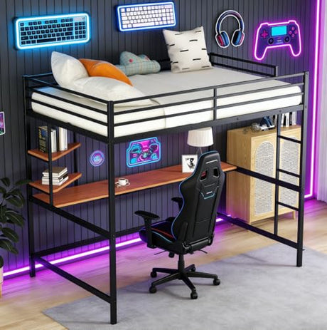 Bellemave Full Size Loft Bed with Desk and 2 Shelves, Metal Full loft bedframe with Storage Shelves, Black Bellemave