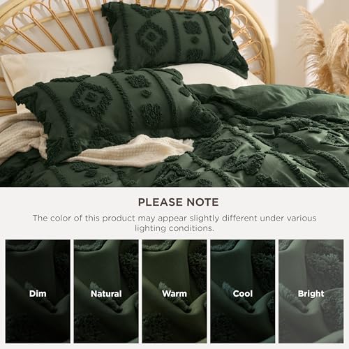 Bedsure Boho Duvet Cover Queen Size - Dark Green Tufted Boho Bedding, Farmhouse Shabby Chic Embroidery Bedding for All Seasons, 3 Pieces, 1 Soft Jacquard Queen Comforter Cover and 2 Pillow Shams Bedsure