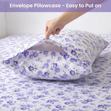 Softan Puple Floral Queen Sheet Set, 4-Piece Microfiber Printed Fitted Sheet with 15" Deep Pockets & Non-Slip Straps, White Flower Patterned Bedding Sheets & Pillowcase Set Softan