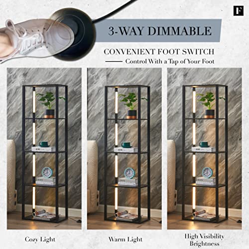 FENLO 64" Display Shelf with Dimmable LED Floor Lamps, Sturdy Display Cabinet with Shelves for Bedroom, Open Bookshelf Display Case with Corner Curio Cabinet, 3 Brightness Levels, Fancy Plus Black FENLO