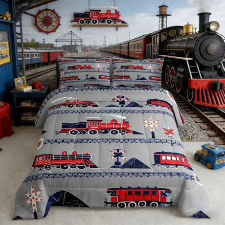 Red Train Toddler Bedding Set Twin Size for Girls Kids Boys Cartoon Car Comforter, Vintage Style Steam Engine Bedding Comforter Sets Traffic Transportation Track Duvet Set with 1 Pillowcase Erosebridal