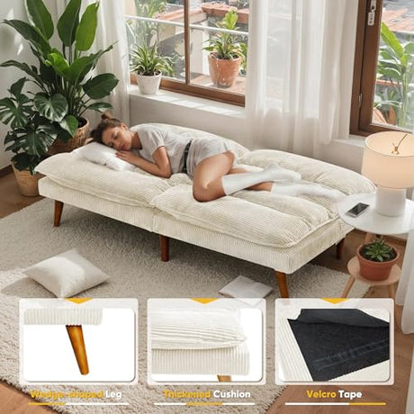 Flamaker Convertible Futon Sofa Bed Futon Couch with Adjustable Back Upholstered Sleeper Sofa Bed for Living Room Furniture (Corduroy, White) Flamaker