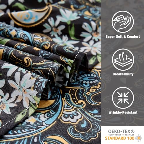 JSD Black Paisley Floral Printed Sheet Set King Size, 4 Piece Soft Pattern Microfiber Sheets Extra Deep Pocket JSD