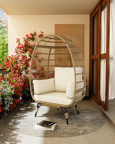 GarveeLife Oversize Rattan Egg Chair Indoor/Outdoor Wicker Egg Basket Lounge Chair Egg-Shaped Chair w/Steel Frame Stand and 4 Cushions for Patio, Porch, Beige GarveeLife