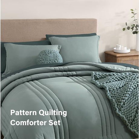 Monbix Full Size Comforter Sets - 7 Pieces Sage Green Bed in a Bag Full Size Bedding Sets with Comforter, Sheets, Pillowcases & Shams Monbix