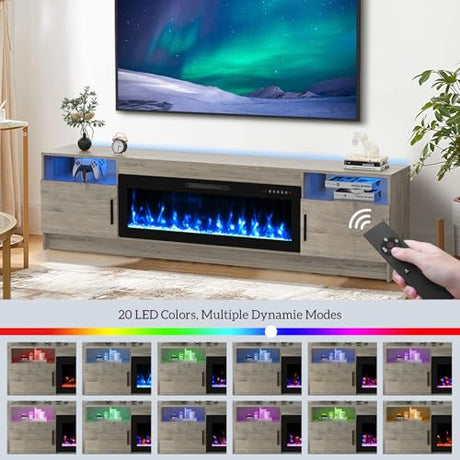 BREEZEHEAT Electric Fireplace TV Stand with 42 inch Fireplace Up to 90" TVs-Led Entertainment Center, High Glossy Doors-80 inch TV Cabinet，Modern Media Console for Living Room (Oak Grey) BREEZEHEAT