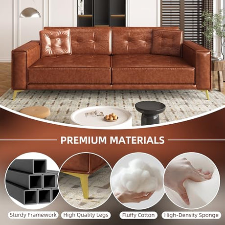 LuxyHoom 92.1'' Pull Out Sofa Bed King, Faux Leather Futon Couch, 3-in-1 Convertible Sleeper Sofa with Tufted Back, Gold Furniture Legs, Deep Loveseat for Living Room, Apartment, Office, Light Brown LuxyHoom