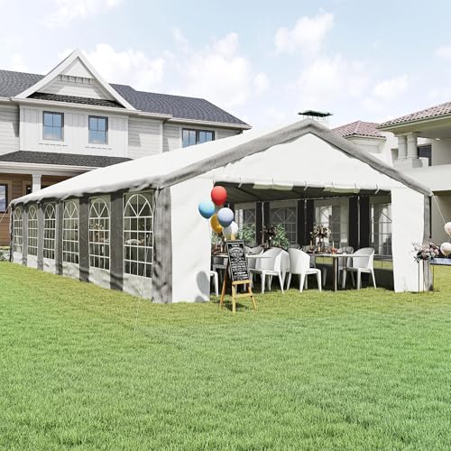 Outsunny 20 x 40 ft Heavy Duty Party Tent Outdoor Gazebo Wedding Tent Event Shelter Carport BBQ with Removable Sidewalls & Windows, Outside Waterproof Canopy for Parties, White and Gray Outsunny