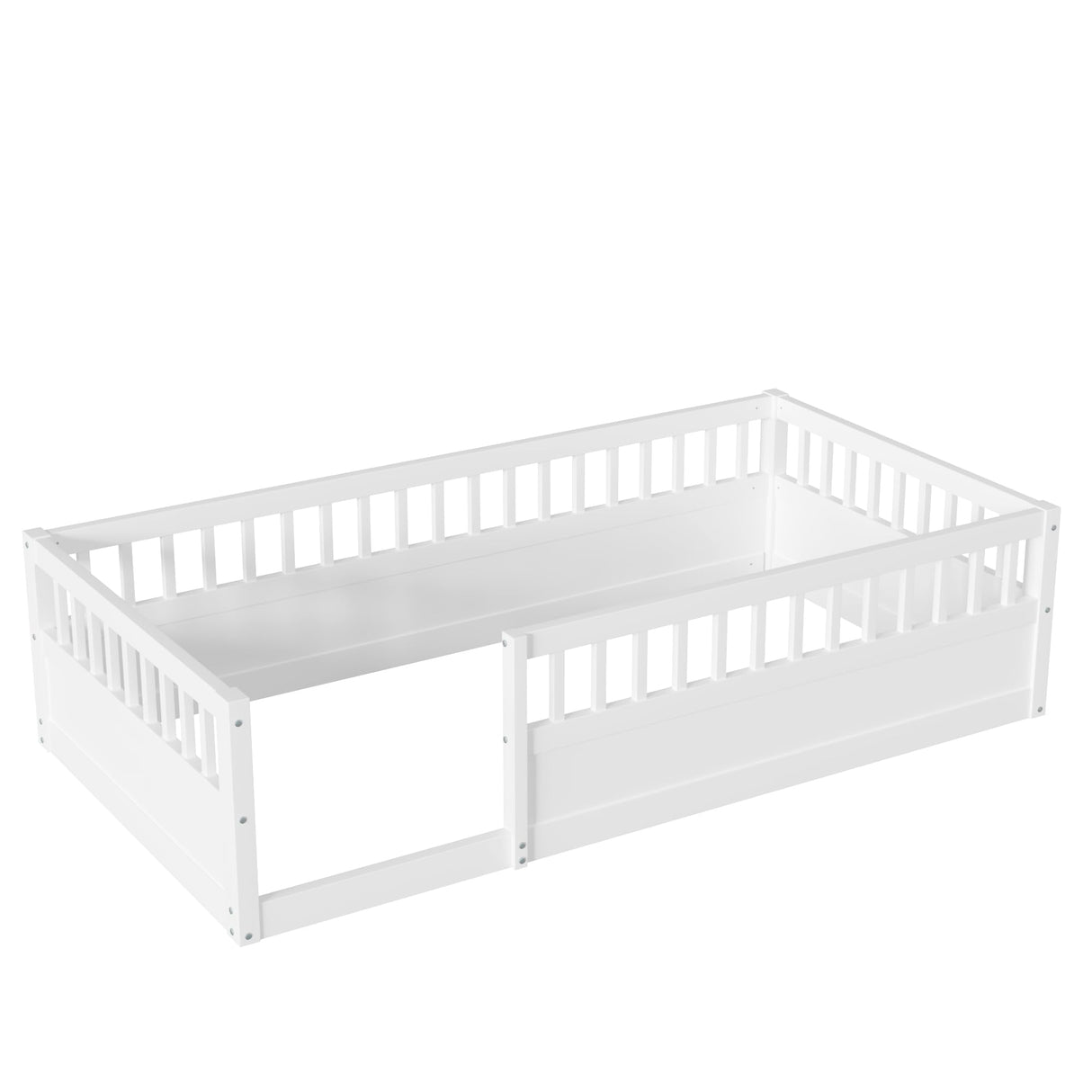 Floor Bed for Kids, Twin Size Montessori Bed with High Fence Railings, Wood Playhouse Bed with Rails for Baby Boys Girls Teens, No Slats Included, White Mirightone