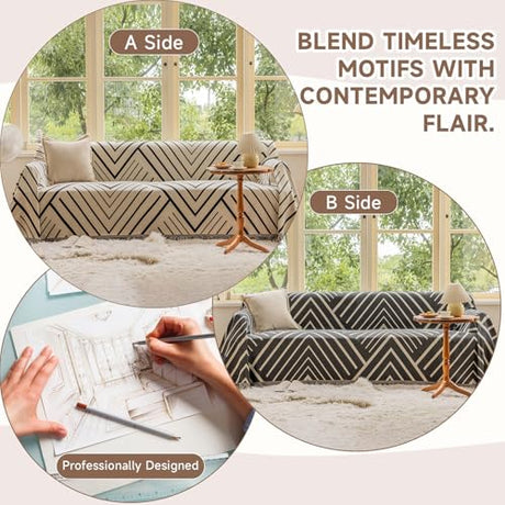 VClife Soft Chenille Couch Cover Modern Geometric Herringbone Jacquard Sofa Slipcover Black Beige Cream Arrow L Shape Futon Sofa Cover Furniture Protector with Lace, Fade Resistant, Easy Care VClife