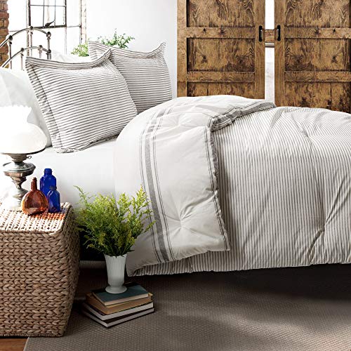 Lush Decor Stripe Reversible Cotton Comforter Set, Cozy Farmhouse Bedding Set, Full/Queen, Gray, 3 Piece Set Lush Decor