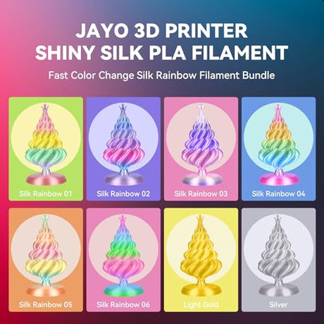JAYO 3D Printer Filament Bundle, PLA Silk Filament Bundle Multicolor, Shiny Silk PLA Filament 1.75mm, Fast Color Change Rainbow, 250g Spool, 8 Rolls, 2kg in Total JAYO