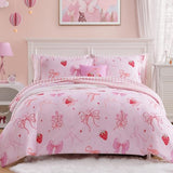 Wink Deer Twin Comforter Set for Girls-5 Pieces Pink Bow Twin Bedding Sets for Kids, Ultra Soft Bed in A Bag with Sheets Wink Deer