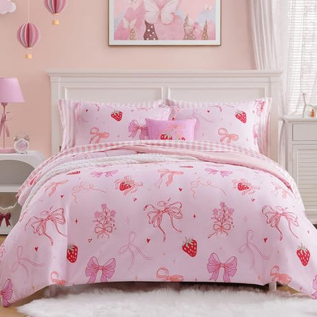 Wink Deer Twin Comforter Set for Girls-5 Pieces Pink Bow Twin Bedding Sets for Kids, Ultra Soft Bed in A Bag with Sheets Wink Deer