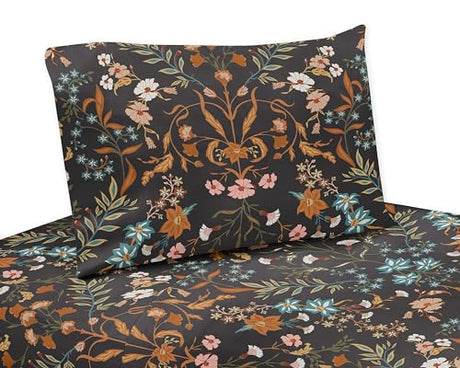 Sweet Jojo Designs 4-Piece King Sheet Set (Boho Wildflower Vintage Floral) for Girls, Teen/Kids, Adult Bed Sheets incl. Fitted and Flat Sheets & Pillow Cases (Black, Orange, Botanical Garden Bohemian) Sweet Jojo Designs
