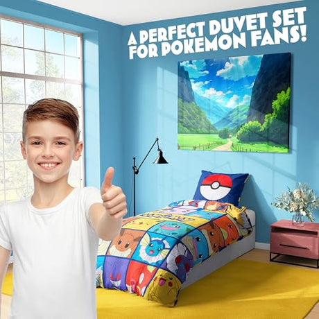 Get Trend Pokemon Single Duvet Cover Set with Pillowcase for Boys, 53"x79", Reversible Pikachu Design, Soft Boys Bedding, Gifts for Kids (Multi Pokemon) Get Trend