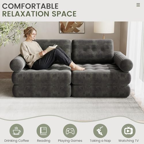 DSNAPE 35" Folding Sofa Bed, 5-in-1 Convertible Sleeper Chair Floor Mattress with Removable Armrest, Boneless Couch in a Box Fold Out Futon Lounge Chair Bed for Dorm Bedroom Small Space - Grey, Single DSNAPE
