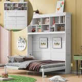 Merax Modern Farmhouse Solid Wood Murphy Cabinet Bed with Top Shelves & USB Charging, Tall Wall Platform Bed No Box Spring Needed/Easy Assemble Queen,White Merax