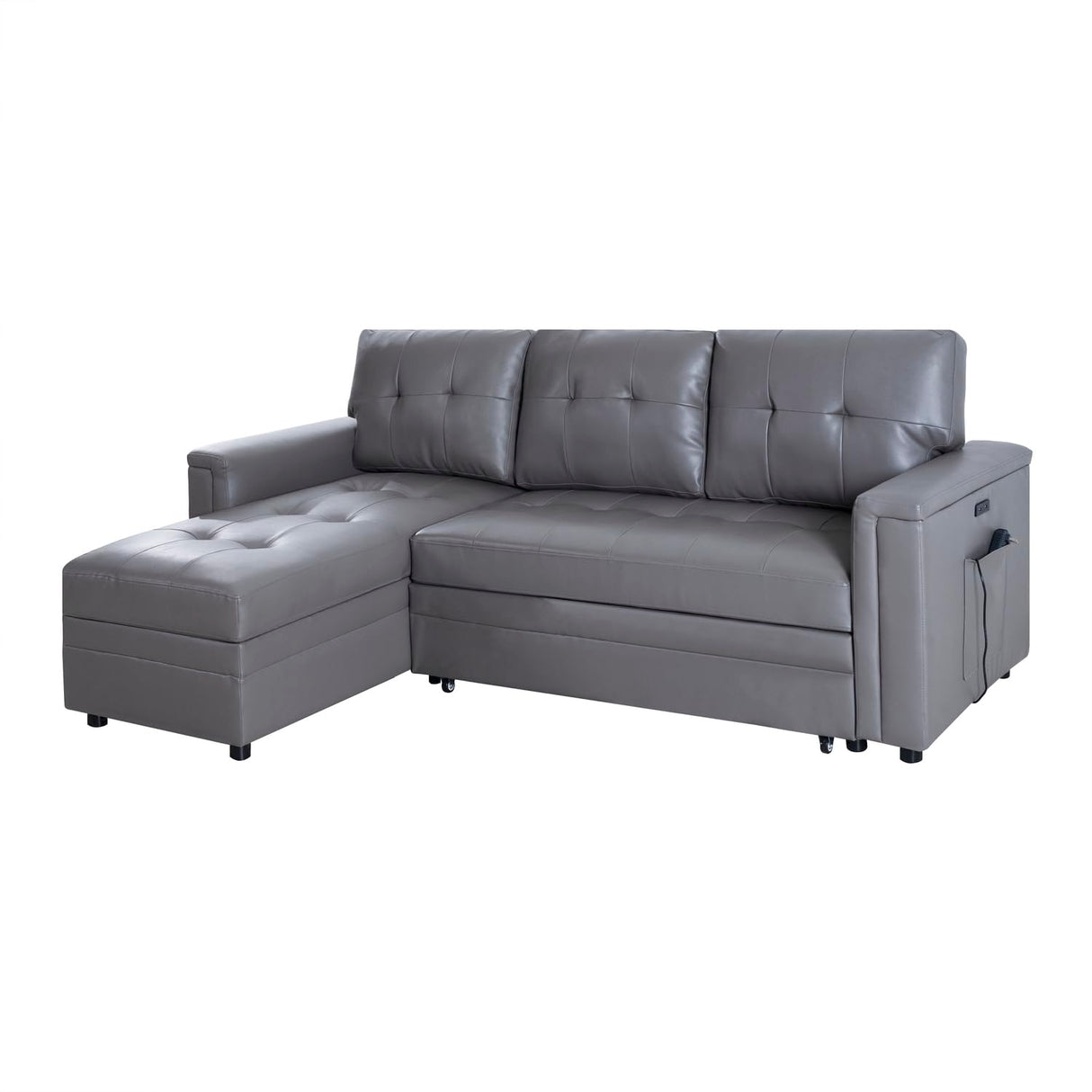 Naomi Home L-Shaped Sectional Sleeper Sofa with USB Ports - Convertible Pull-Out Bed, Ample Storage, Timeless Design, Durable Construction, Gray/Air Leather Naomi Home