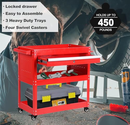 BRLJUNEO 3-Tier Tool Cart with Drawer, Heavy Duty Steel Utility Cart, 450 Lbs Load Capacity, Red BRLJUNEO