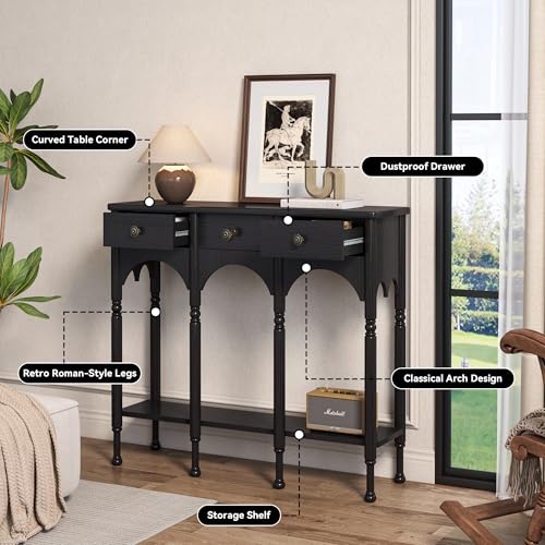 Topbele Console Table with 2 Drawers & Shelf, 40" Mid-Century Modern Entryway Table, Retro 2-Tier Sofa Table, Wooden Accent Table for Living Room, Hallway, Black Topbele