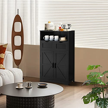 WEENFON Black Floor Cabinet with 2 Doors & 2 Drawers – Stylish Bathroom Storage with Adjustable Shelves - WoodArtSupply