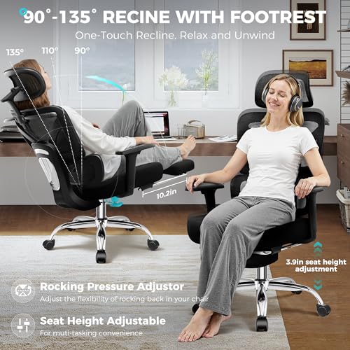 TECHREST Ergonomic Office Chair with Footrest, Big and Tall Home Desk Chair, High Back Rolling Computer Chair with 3D Arms and Lumbar Support, Comfortable Gaming Chair, Swivel Mesh Chairs, Black TECHREST