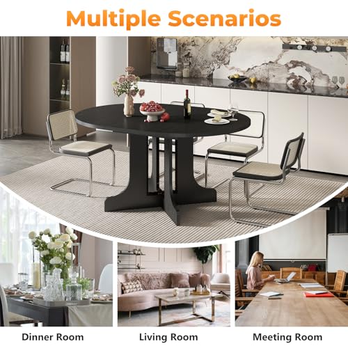 Zevemomo 43"-59" Extendable Dining Room Table for 4-6, Expandable Round Dining Table, Oval Tabletop with Trestle X-Shaped Base & Metal Track for Office, Living Room-Black Zevemomo
