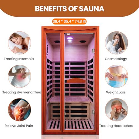 Sauna, Far Infrared Saunas for Home Room 1550W/110V Indoor Sauna for Single Person Okoume Wood Sauna Spacious 1 - 2 Person Low EMF Dry Sauna with Speakers/Air Hole and Color Lighting 39.4*35.4*74.8 IN HOSAUNA