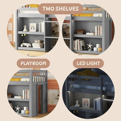 Harper & Bright Designs Low Loft Bed with Storage Shelves and LED Light for Kids, Twin Size, Gray - WoodArtSupply